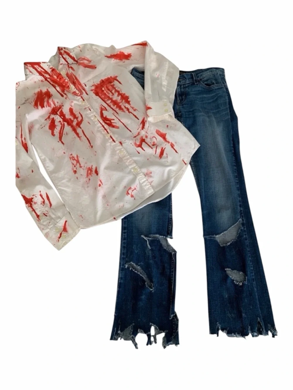 Homemade Zombie Halloween Costume Medium White Red Shirt Damaged Blue Jeans